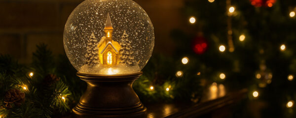 Photo d’une boule à neige lumineuse avec église enneigée à l’intérieur, posée sur une cheminée décorée de guirlandes et sapin de Noël illuminé en arrière-plan.