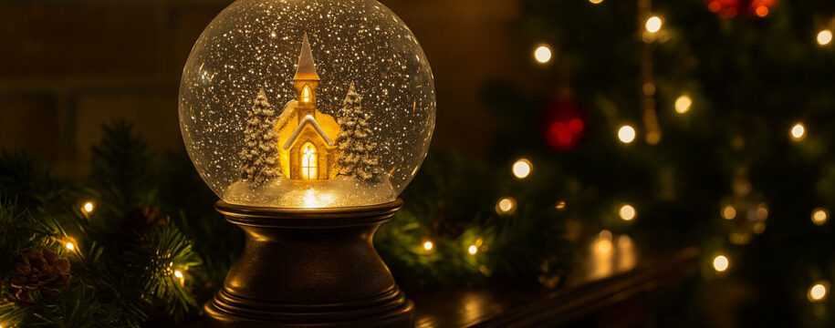 Photo d’une boule à neige lumineuse avec église enneigée à l’intérieur, posée sur une cheminée décorée de guirlandes et sapin de Noël illuminé en arrière-plan.