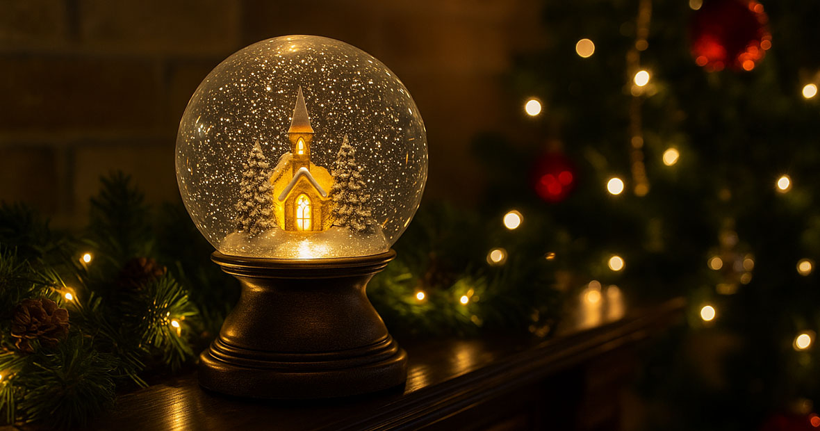 Photo d’une boule à neige lumineuse avec église enneigée à l’intérieur, posée sur une cheminée décorée de guirlandes et sapin de Noël illuminé en arrière-plan.