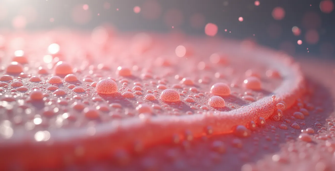 Vue macro d'une cellule cutanée avec des microparticules de lait de chèvre pénétrant la membrane, représentation artistique en lumière naturelle avec textures réalistes
