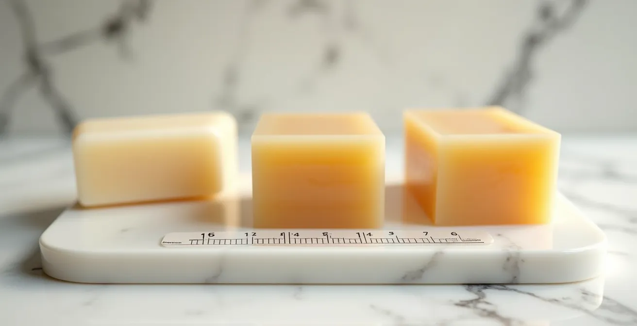 Disposition épurée de trois savons naturels sur une surface en marbre avec une bandelette de test de pH montrant une valeur proche de 5, lumière douce et textures réalistes