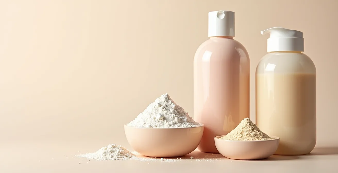 Composition photographique minimaliste avec différents formats de shampooing et soins capillaires disposés sur un fond neutre