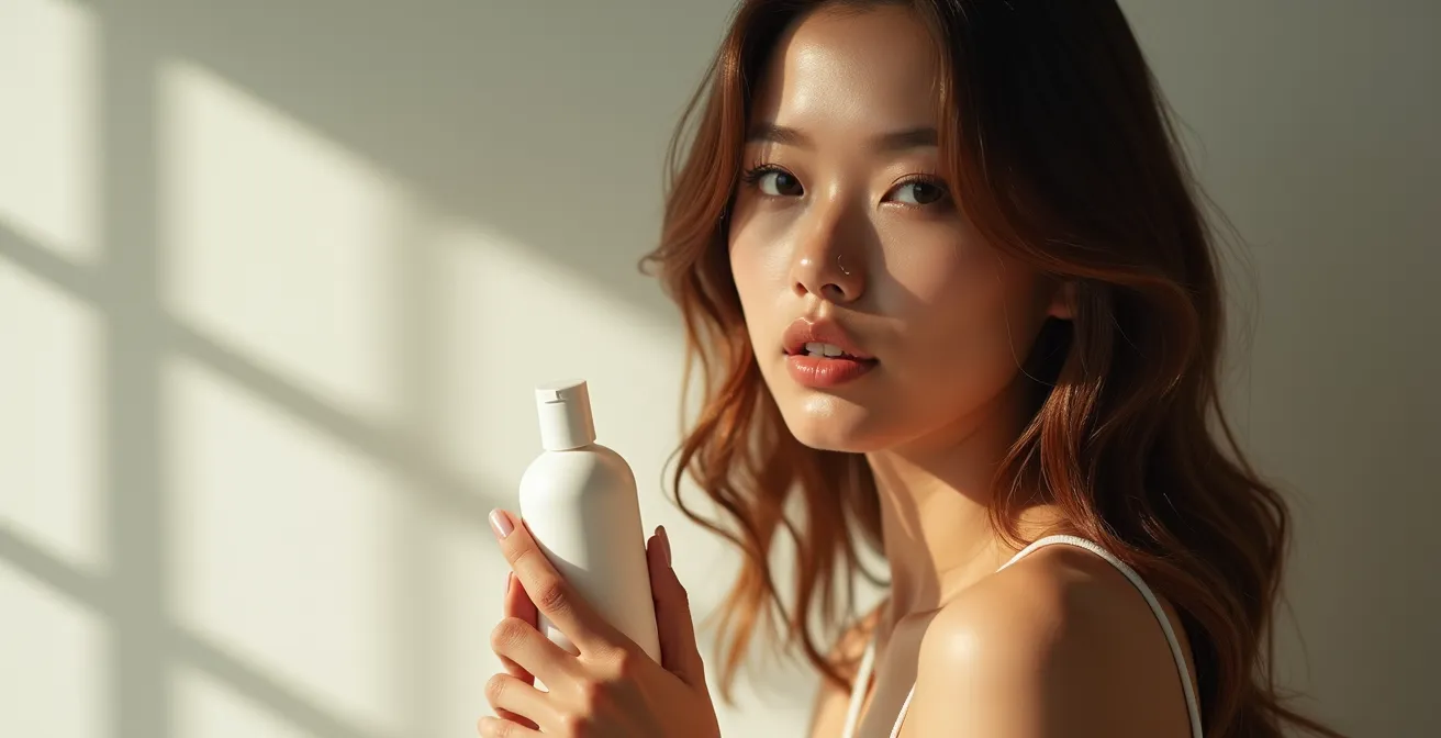 Photo réaliste d'une femme aux cheveux brillants et sains tenant une bouteille de shampooing dans un cadre épuré avec un fond clair et de l'espace négatif