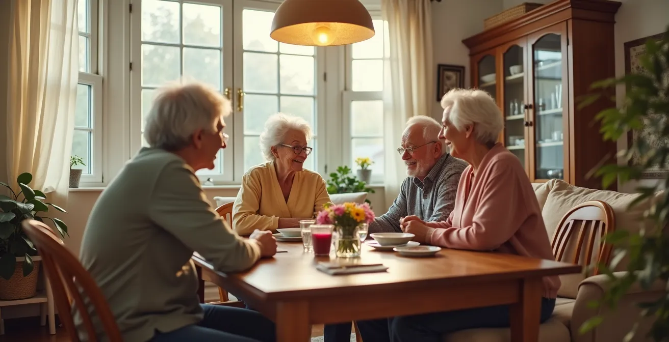 Conversation bienveillante entre seniors et leur famille autour d'une table dans un salon lumineux