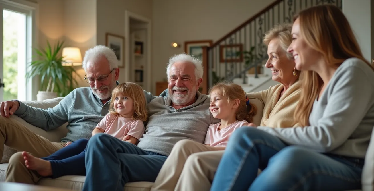 Scène familiale chaleureuse avec grand-parents et petits-enfants dans un salon spacieux