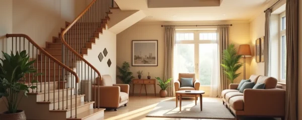 Intérieur d'une maison à étages moderne et chaleureuse avec équipements d'accessibilité pour seniors
