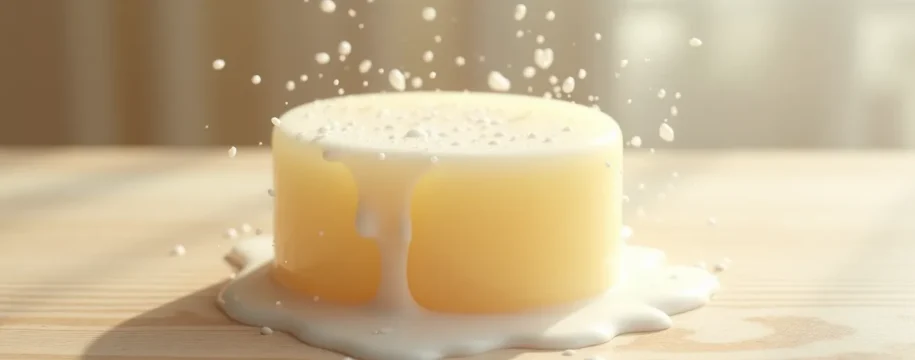 Composition photographique éditoriale d'un savon au lait de chèvre posé sur une surface naturelle en bois clair, entouré de gouttelettes d'eau et de fines particules de lait flottant dans l'air, avec une lumière douce venant de côté créant un bokeh naturel et un espace négatif exploitable