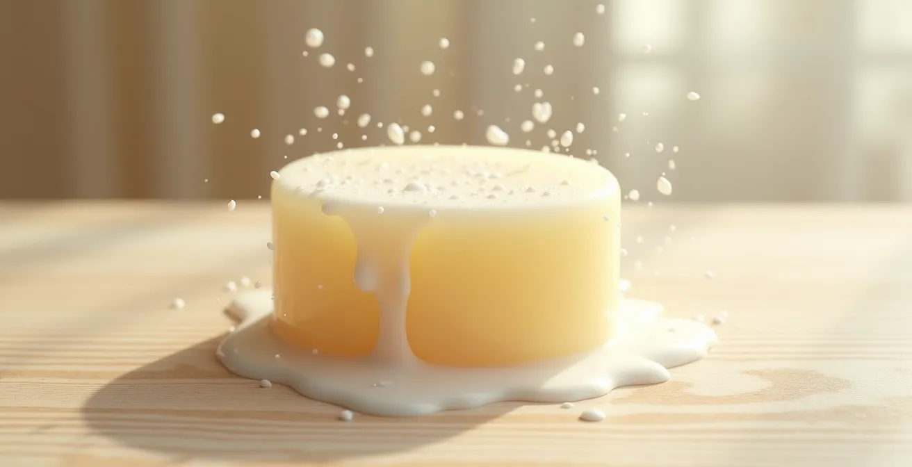 Composition photographique éditoriale d'un savon au lait de chèvre posé sur une surface naturelle en bois clair, entouré de gouttelettes d'eau et de fines particules de lait flottant dans l'air, avec une lumière douce venant de côté créant un bokeh naturel et un espace négatif exploitable