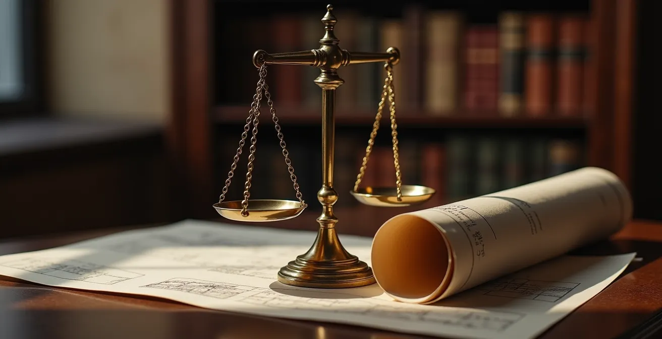 Balance de justice en bronze avec documents énergétiques en arrière-plan flou