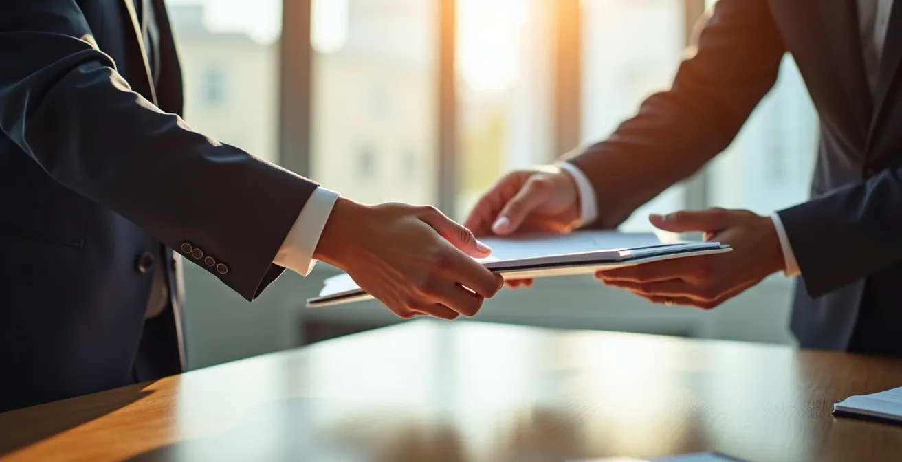 Gros plan sur des mains passant des documents administratifs dans un bureau moderne et lumineux