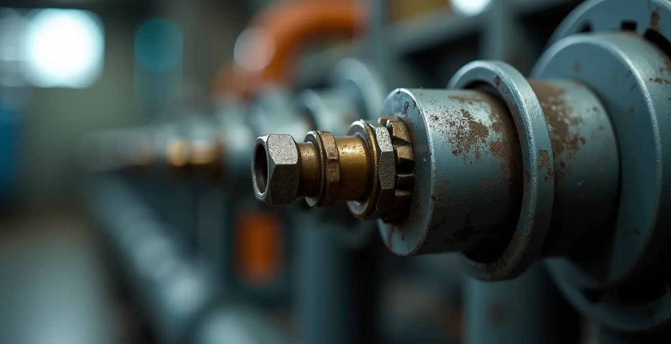 Vue macro détaillée d'un raccordement industriel de propane avec valves et tuyauteries en acier
