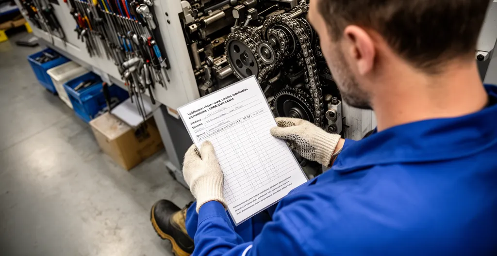Technicien effectuant un contrôle de chaîne de transmission sur machine de production