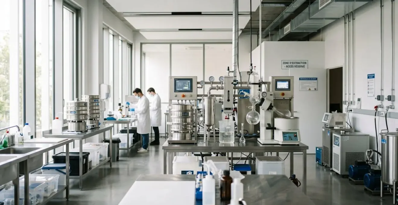 Vue en plongée d'un atelier d'extraction de CBD avec tamis professionnels et équipement moderne sous lumière naturelle