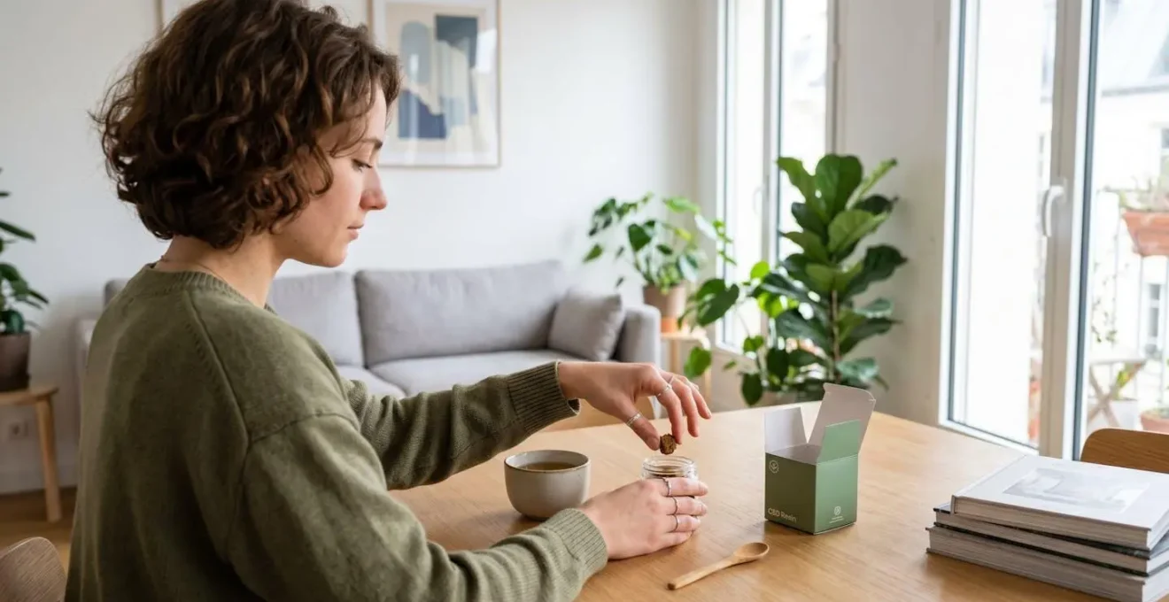 Vue de profil d'une personne manipulant délicatement une petite quantité de résine CBD dans un intérieur moderne et lumineux