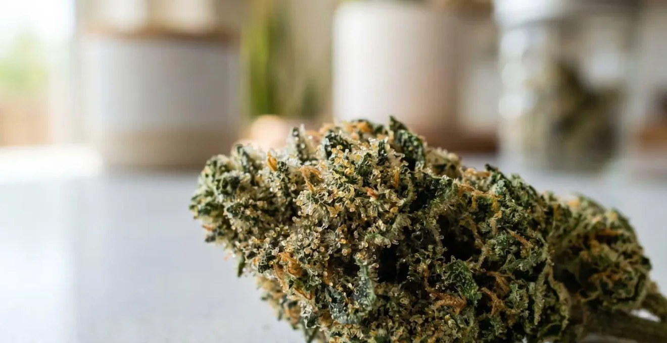 Vue en macro extrêmement détaillée de cristaux de résine de CBD avec trichomes visibles et texture granuleuse sur fond blanc