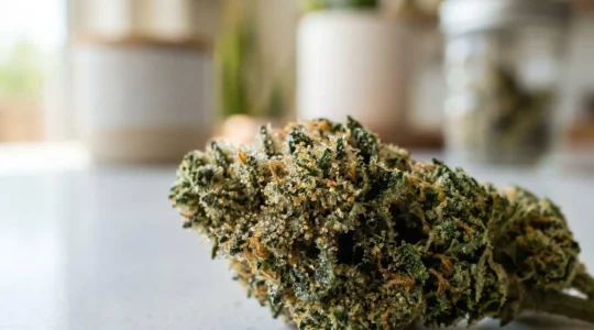 Vue en macro extrêmement détaillée de cristaux de résine de CBD avec trichomes visibles et texture granuleuse sur fond blanc