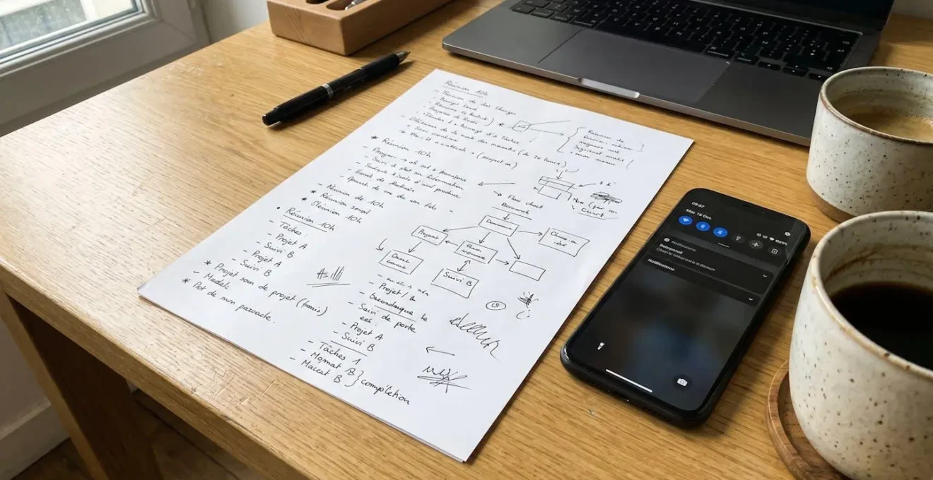 Bureau épuré avec des notes manuscrites structurées et un smartphone posé à côté, éclairage naturel latéral