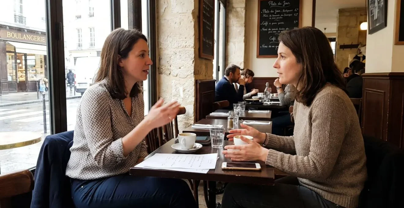 Deux professionnels en conversation détendue à une table de café, l'un écoutant attentivement, l'autre exprimant une idée avec des gestes naturels