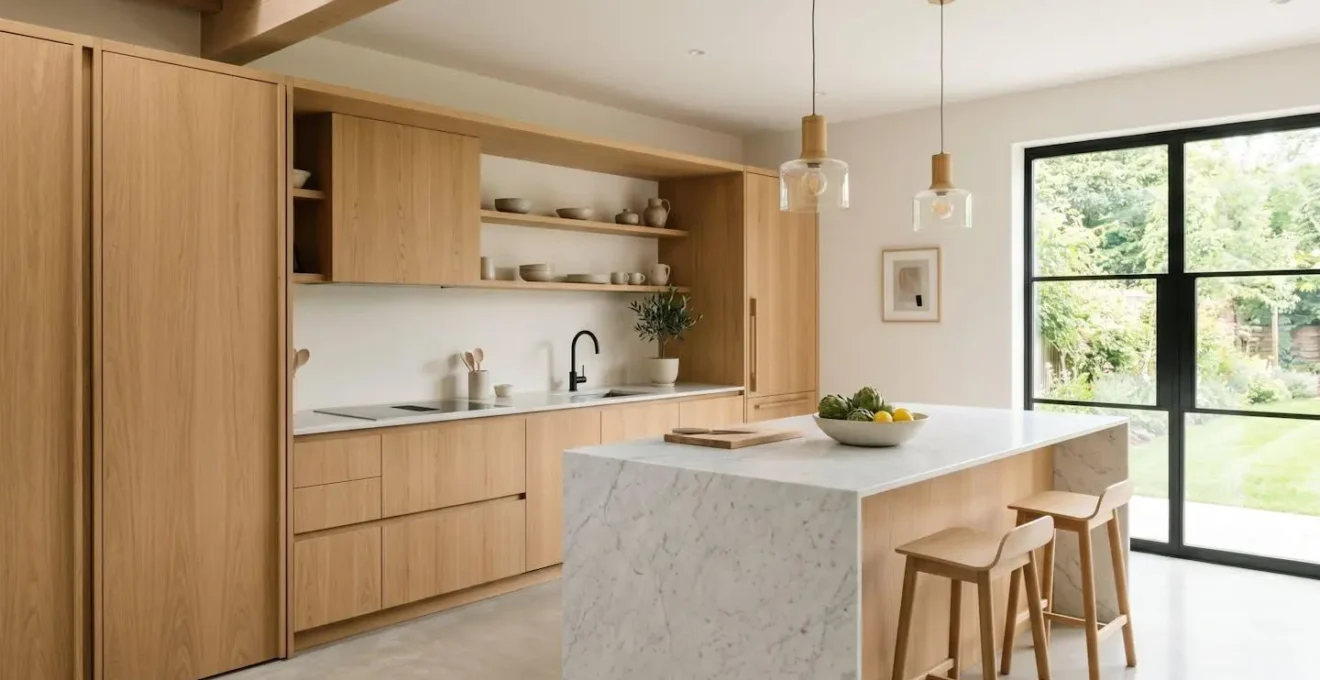 Cuisine ouverte avec réfrigérateur encastrable intégré dans un meuble en bois clair