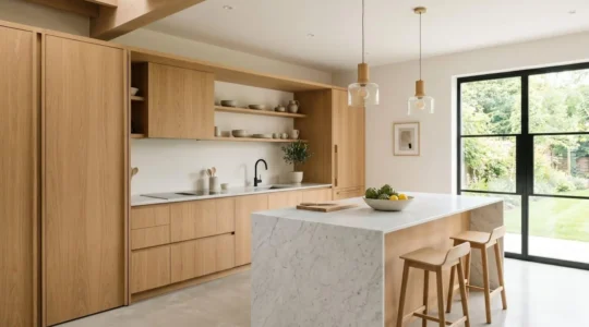 Cuisine ouverte avec réfrigérateur encastrable intégré dans un meuble en bois clair