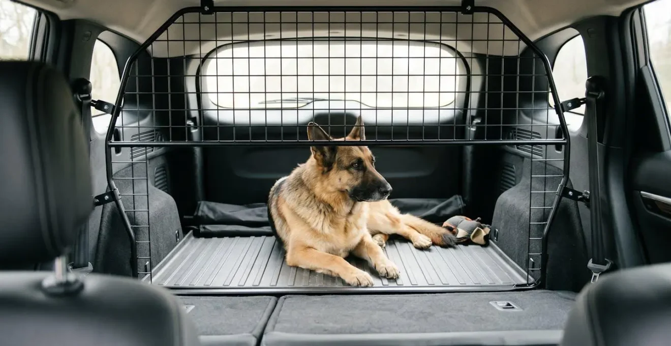 Grille de séparation métallique noire installée entre habitacle et coffre d'un SUV, grand chien couché sur tapis antidérapant dans le coffre