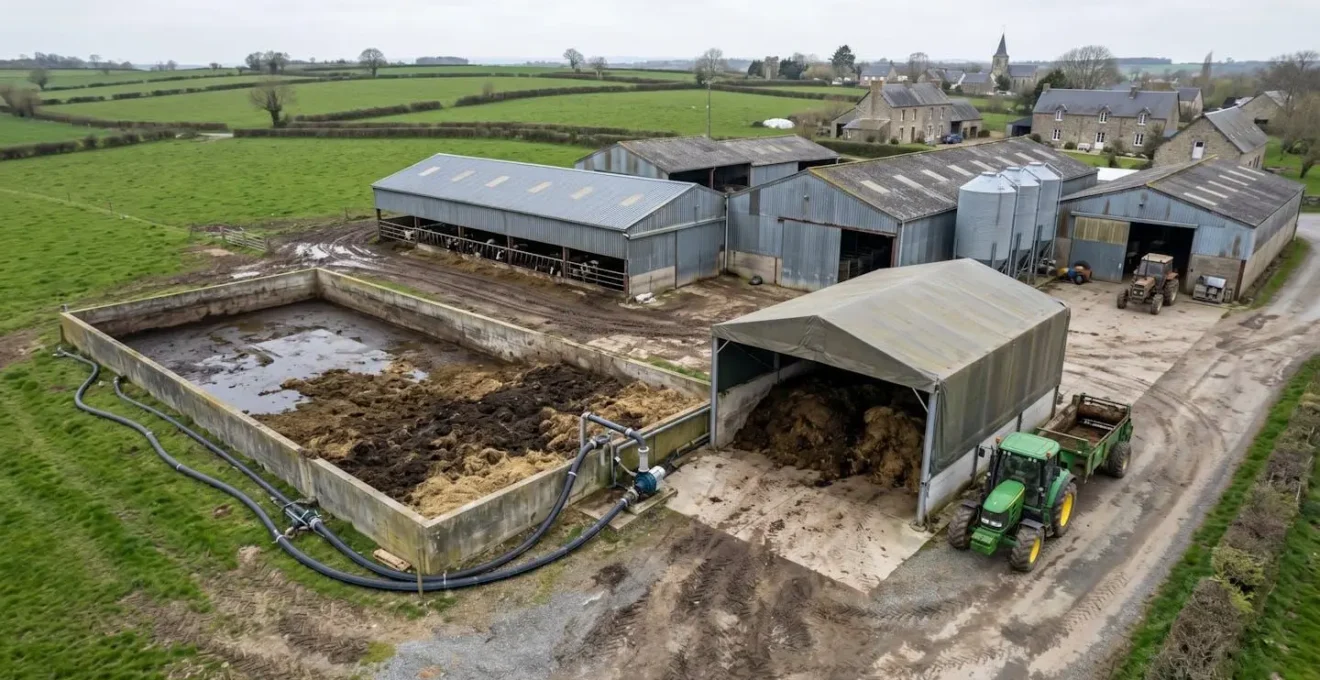 Infrastructure de stockage d'effluents d'élevage et déchets organiques sur une exploitation agricole française