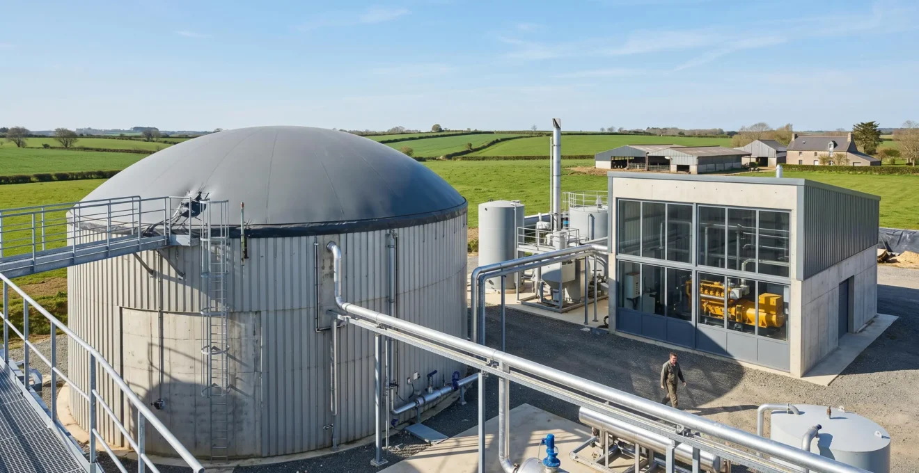 Installation de méthanisation agricole avec digesteur cylindrique métallique et bâtiment technique de cogénération dans un environnement rural français