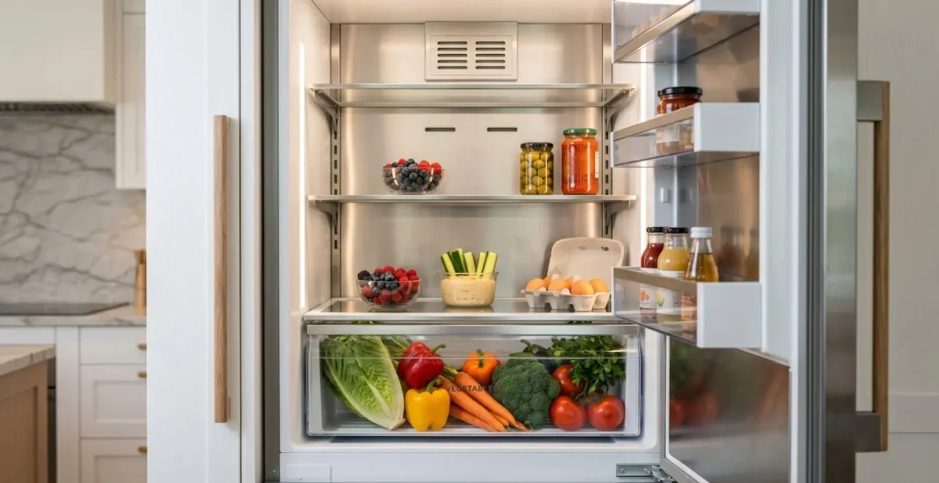 Intérieur d'un réfrigérateur encastrable avec tiroirs à légumes et clayette en verre