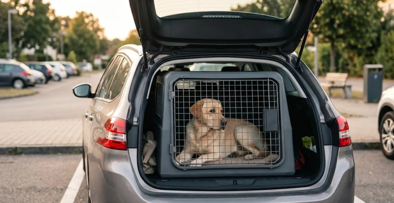 Labrador installé dans une cage de transport rigide grise dans le coffre ouvert d'un break, environnement parking extérieur, lumière naturelle