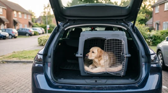 Labrador installé dans une cage de transport rigide grise dans le coffre ouvert d'un break, environnement parking extérieur, lumière naturelle