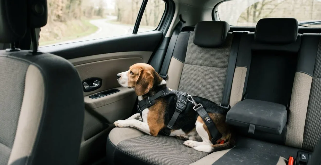 Petit chien de type Beagle équipé d'un harnais de sécurité noir fixé à la ceinture arrière d'un véhicule, banquette tissu gris