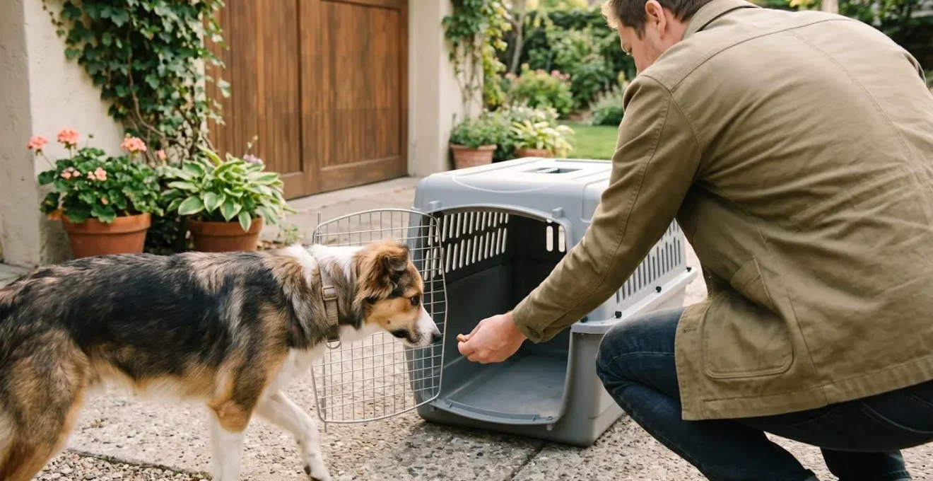 Propriétaire vu de dos encourageant un chien à entrer dans une cage de transport ouverte en lui tendant une friandise, scène extérieure lumière naturelle