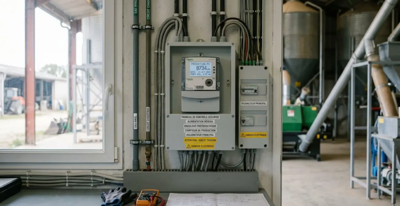 Tableau électrique et compteur de production d'électricité affichant les kWh générés dans un local technique d'exploitation agricole