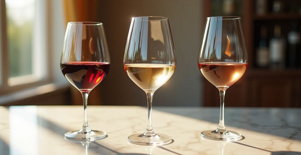 Trois verres à dégustation en cristallin de formes différentes alignés sur une surface blanche, lumière traversant le matériau révélant sa transparence