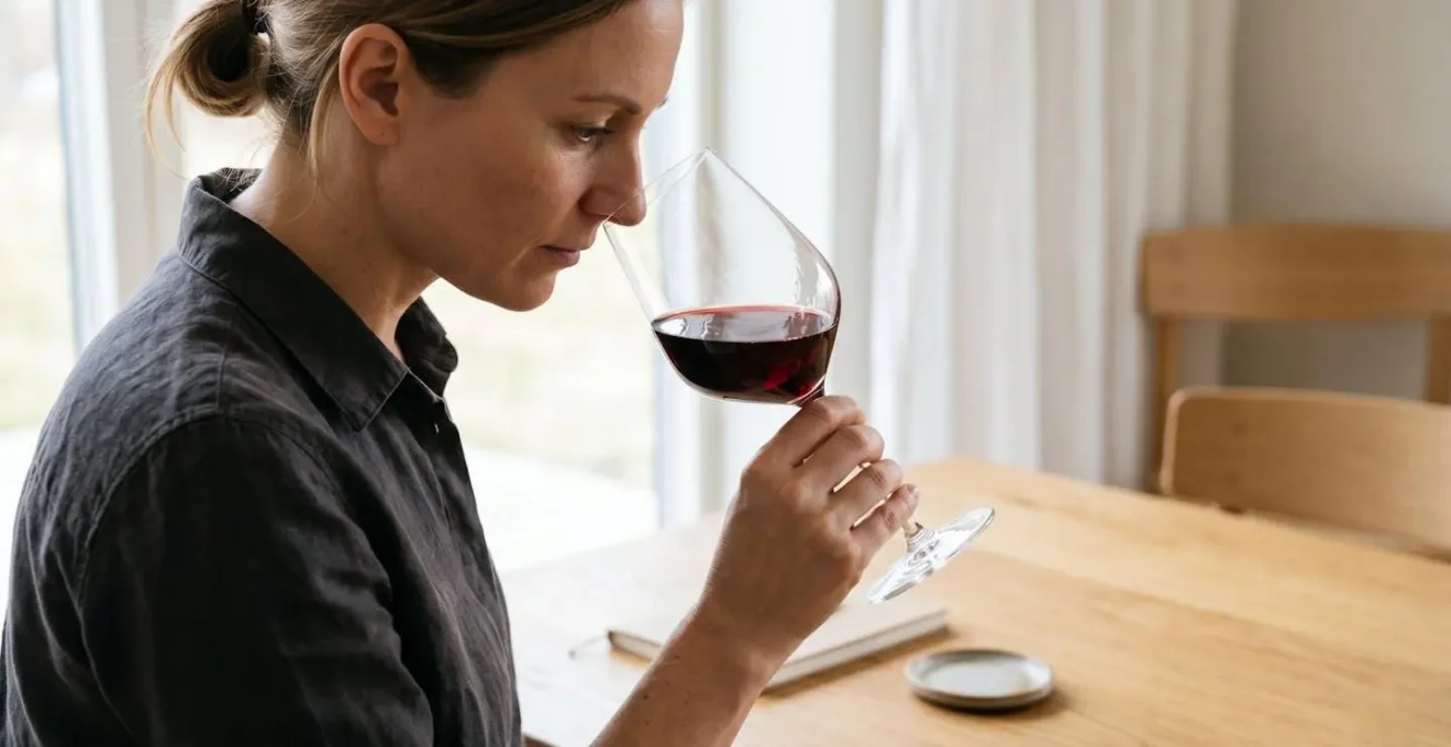 Main tenant un verre à dégustation en cristallin rempli de vin rouge, une personne approchant son nez pour humer les arômes, sur une table en bois clair avec lumière naturelle douce