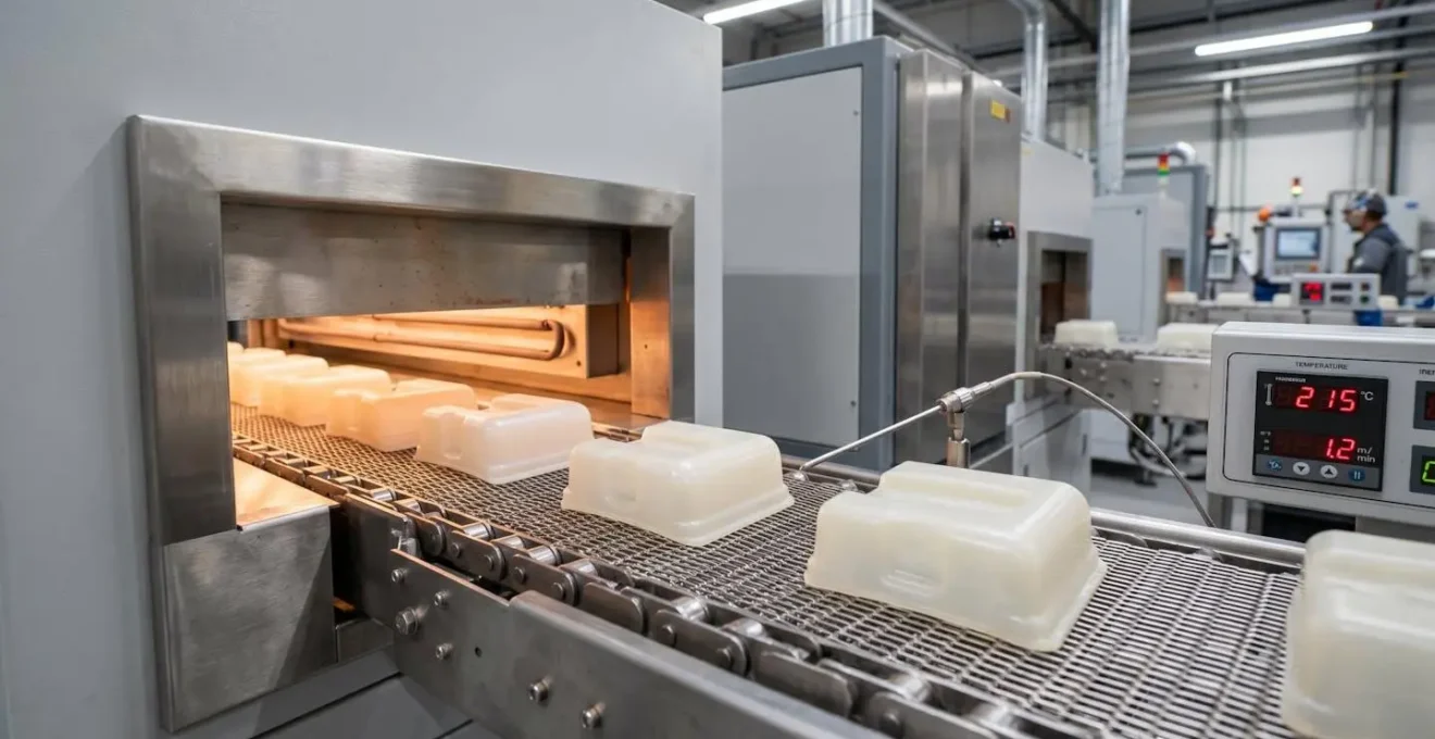 Pièces plastiques en cours de polymérisation sur ligne de production industrielle avec traitement thermique contrôlé