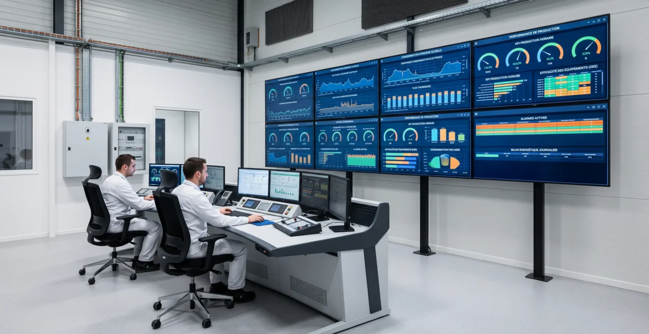 Poste de supervision industrielle avec écrans de monitoring affichant les KPI énergétiques et de production en temps réel