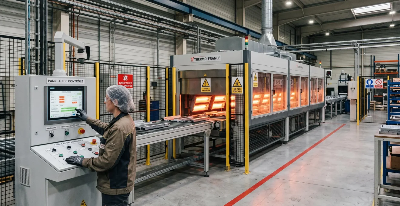 Tunnel de four infrarouge industriel en fonctionnement avec émetteurs visibles et technicien effectuant un contrôle sur le panneau de commande dans un atelier de production moderne