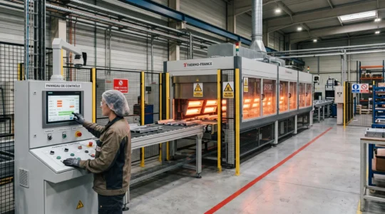 Tunnel de four infrarouge industriel en fonctionnement avec émetteurs visibles et technicien effectuant un contrôle sur le panneau de commande dans un atelier de production moderne