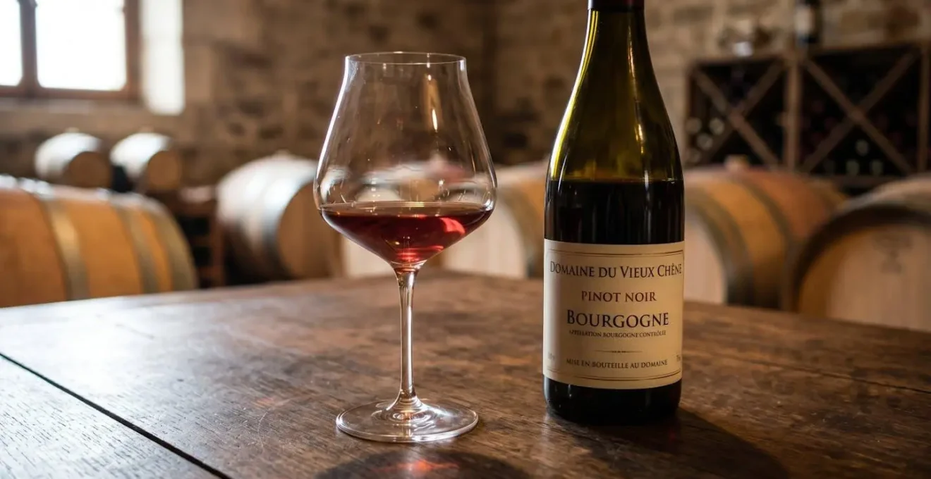 Verre à Bourgogne au calice évasé rempli de Pinot Noir posé à côté d'une bouteille de Bourgogne sur une table en bois sombre, arrière-plan de cave avec tonneaux