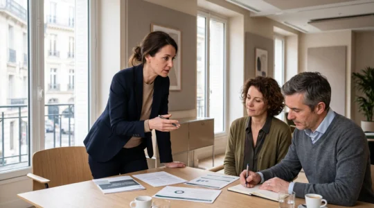 Conseillère en gestion de patrimoine en discussion avec un couple dans un bureau moderne
