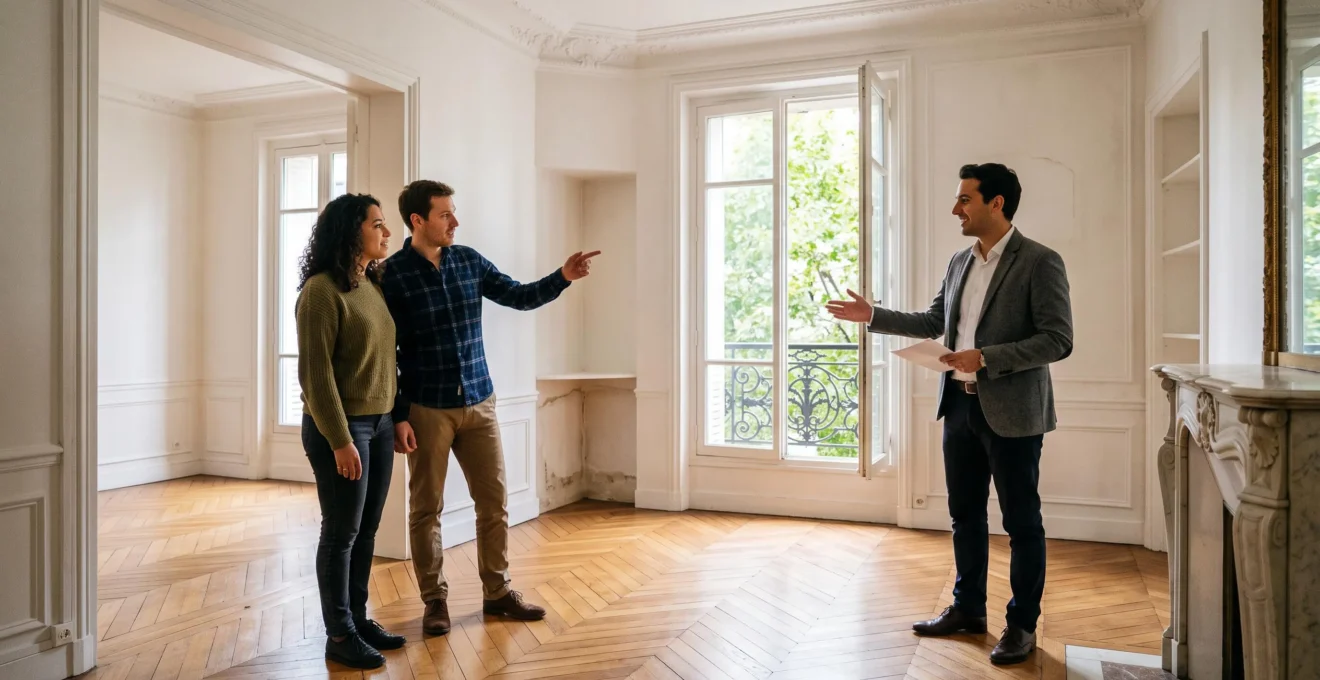 Jeune couple visitant un appartement parisien avec un agent immobilier