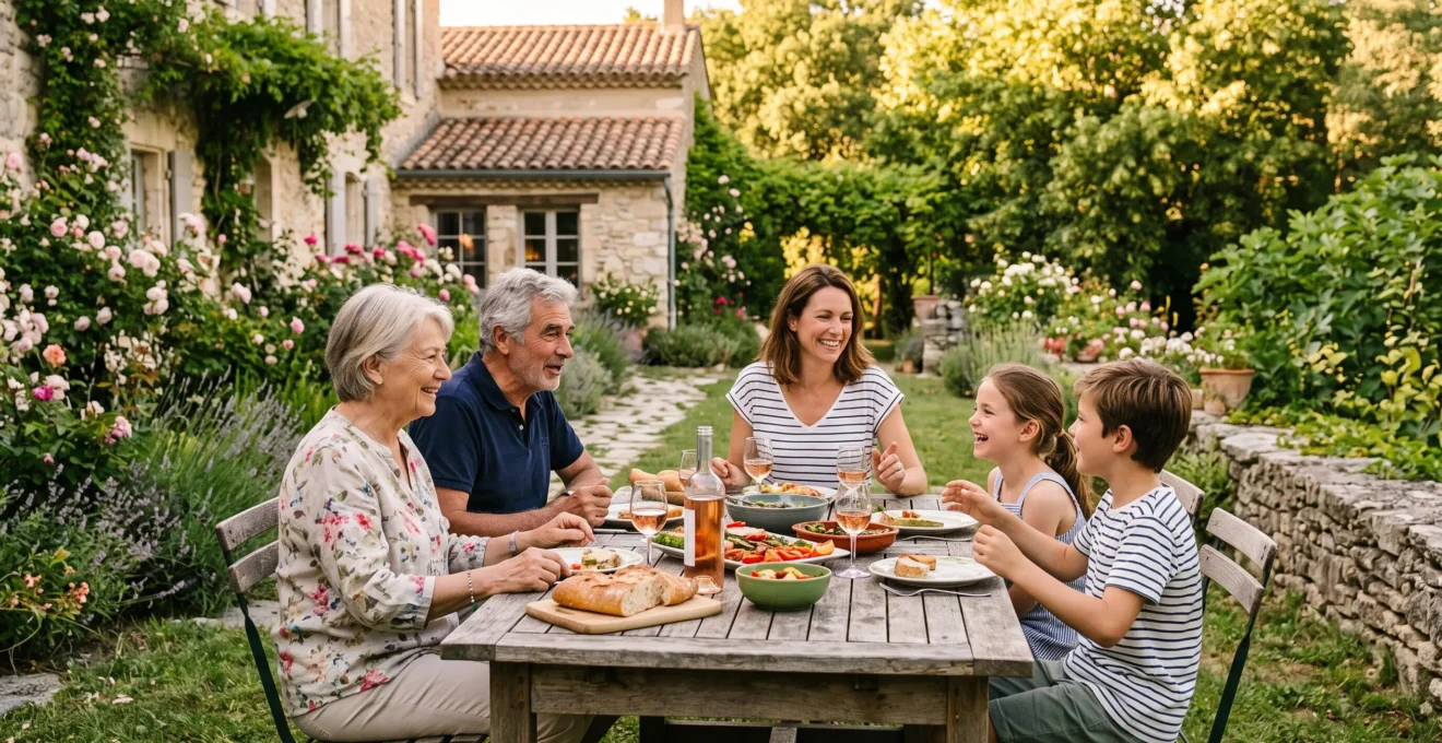 Famille française multigénérationnelle réunie dans un jardin en été