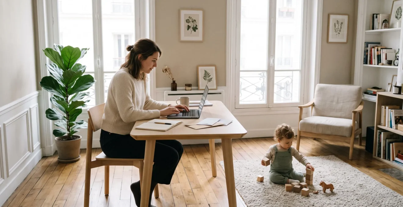 Jeune mère en télétravail avec son enfant en bas âge à proximité