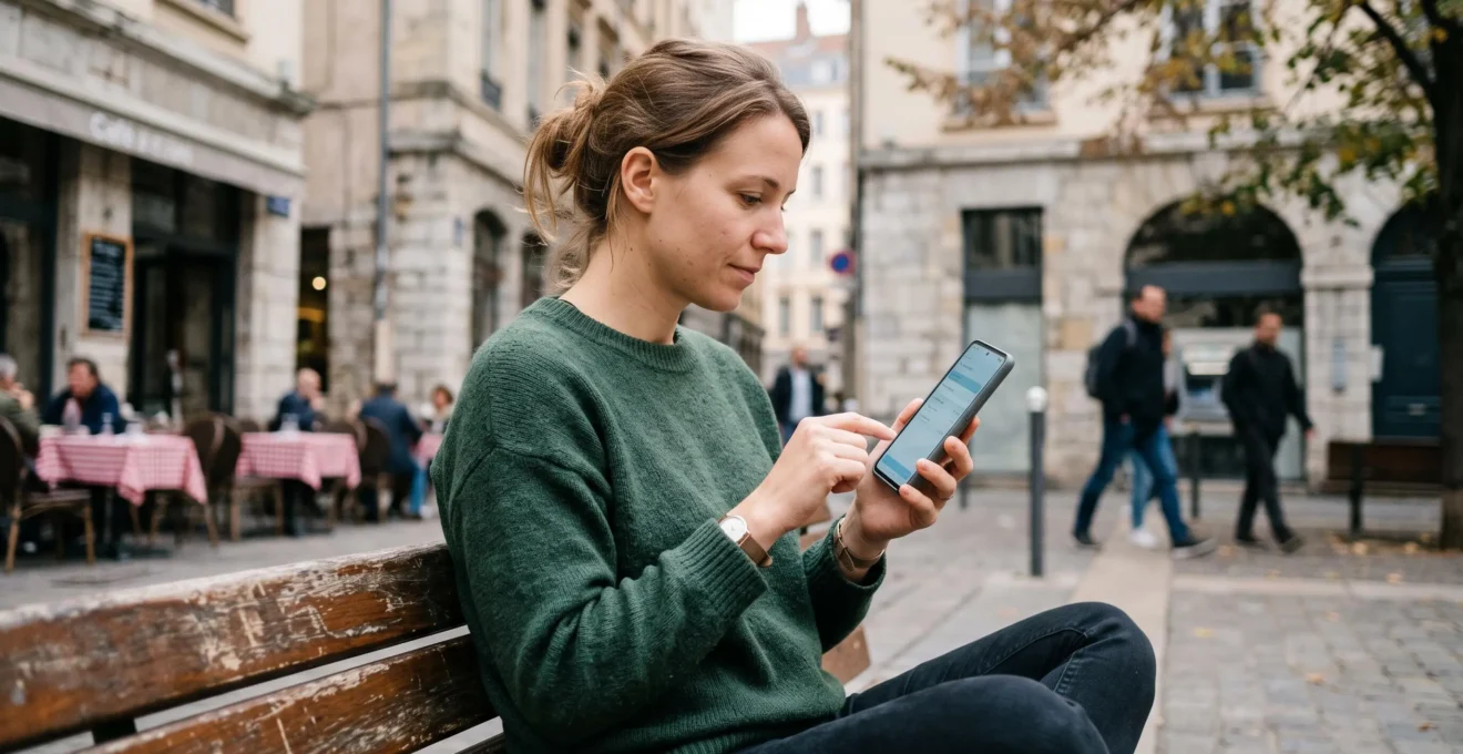 Personne utilisant une application bancaire mobile sur smartphone dans un environnement quotidien