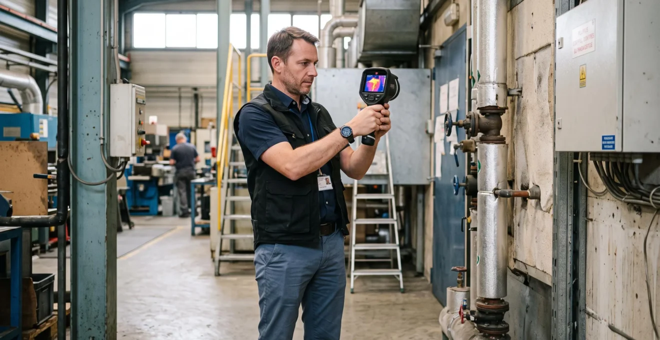 Energy auditor using a thermal imaging camera to inspect heat loss in an industrial facility