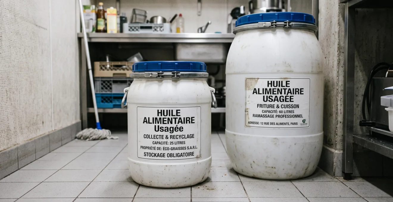 Bidons professionnels de collecte d'huile alimentaire usagée avec étiquetage en français dans une zone de stockage de restaurant