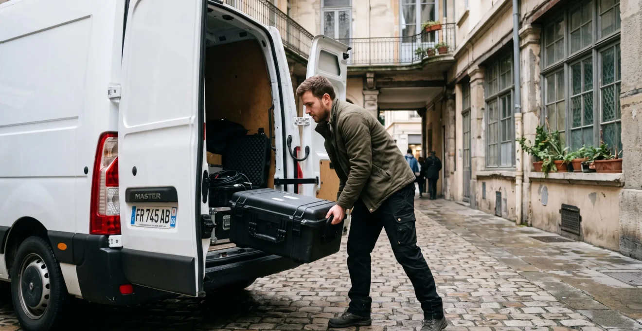 Vidéaste chargeant des valises de matériel vidéo dans une camionnette utilitaire dans une rue française