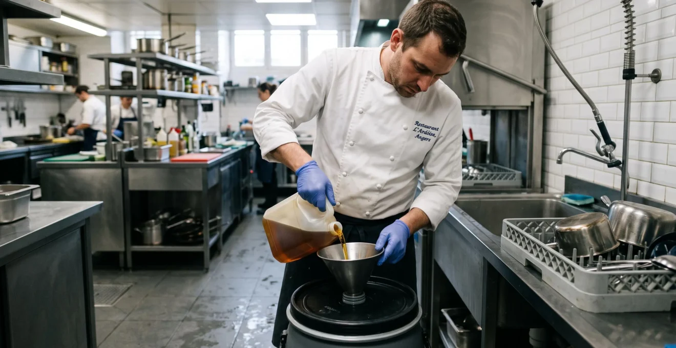 Chef de cuisine transférant de l'huile alimentaire usagée dans un bidon de collecte dédié dans l'arrière-cuisine d'un restaurant