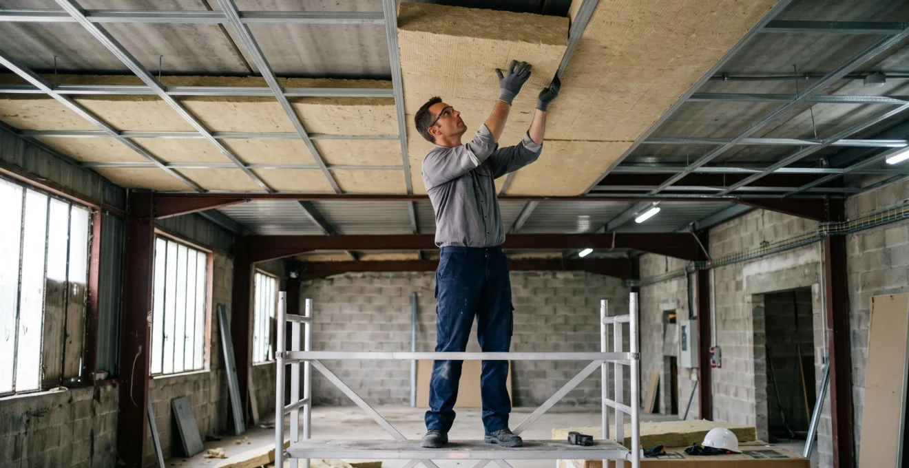 Installer fitting thermal insulation panels to the interior wall of a commercial building